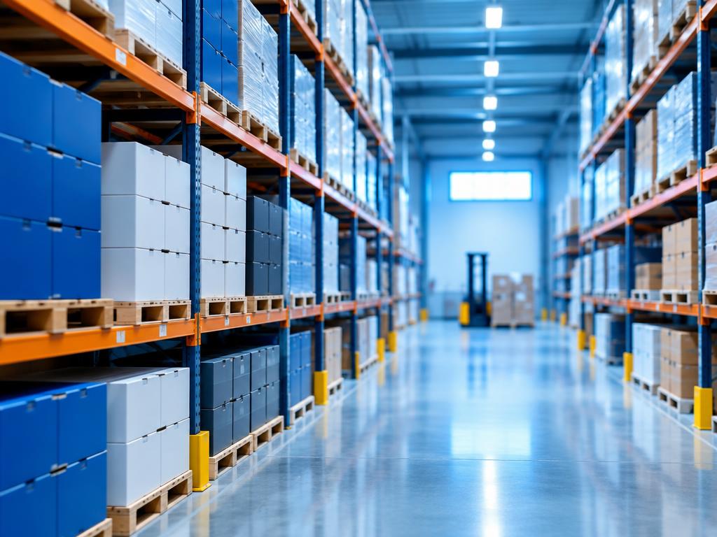 Warehouse aisle with stacked branded product boxes